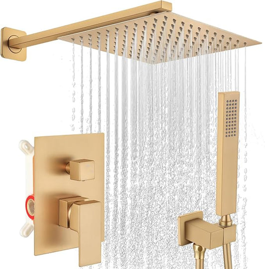 Brushed Gold Shower Faucet Set, Bathroom Rainfall Shower System Fixture 10 Inch High Pressure Square Rain Shower Head with Handheld Sprayer Combo Wall Mount with cUPC Certified Rough-in Valve