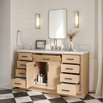 ARIEL Hepburn 60-inch Bathroom Vanity with Sink,Solid Wood, 1.5-inch Pure White Quartz Countertop, Single Rectangular Porcelain Sink, 2 Soft Closing Doors, 9 Dovetail Drawers, White Oak
