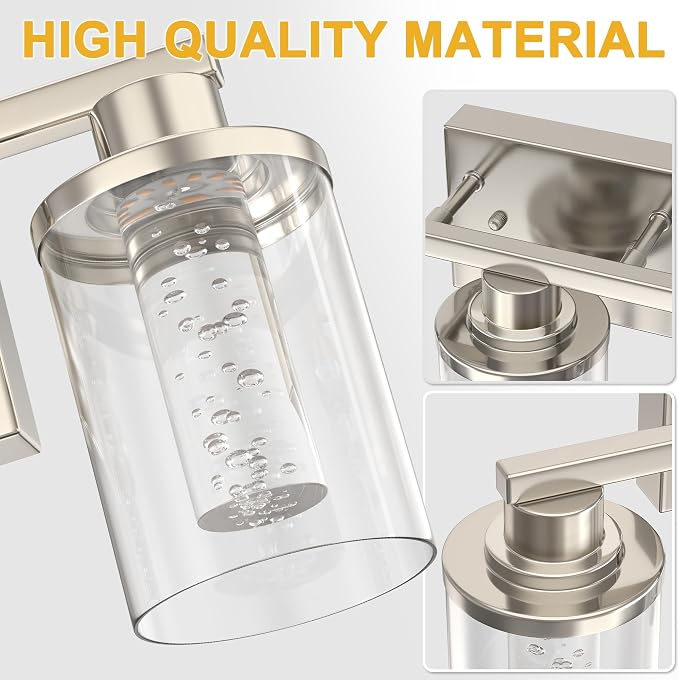 L LOHAS LED 3-Light Bathroom Vanity Light, Nickel, 5CCT, Remote Control | 5CCT Dimmable Acrylic Bathroom Light Fixtures with Clear Glass Shades and Remote Control