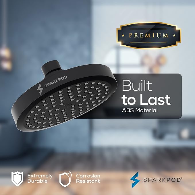 SparkPod 6" Round Rain Shower Head with 11" Shower Arm | Shower Head & Extension Arm Combo, Height Adjustable, High Pressure Performance, Easy 1-Minute Installation, Black Matte