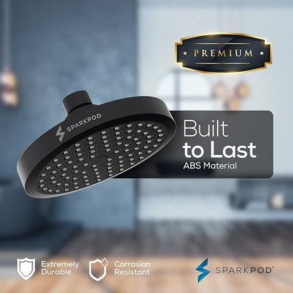 SparkPod 6" Round Rain Shower Head with 11" Shower Arm | Shower Head & Extension Arm Combo, Height Adjustable, High Pressure Performance, Easy 1-Minute Installation, Black Matte