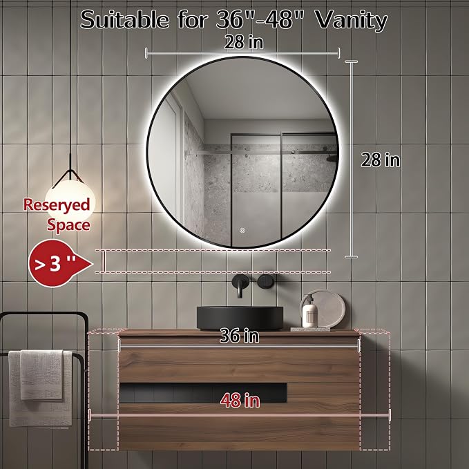 Niccy Round LED Bathroom Mirrors, Black Framed Backlit Vanity Mirror, 28" | LED Smart Circle Mirror with 3 Color Lighting, Anti-Fog Lighted, IP65 Waterproof, Wall Mounted Bathroom Vanity