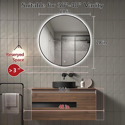 Niccy Round LED Bathroom Mirrors, Black Framed Backlit Vanity Mirror, 28" | LED Smart Circle Mirror with 3 Color Lighting, Anti-Fog Lighted, IP65 Waterproof, Wall Mounted Bathroom Vanity