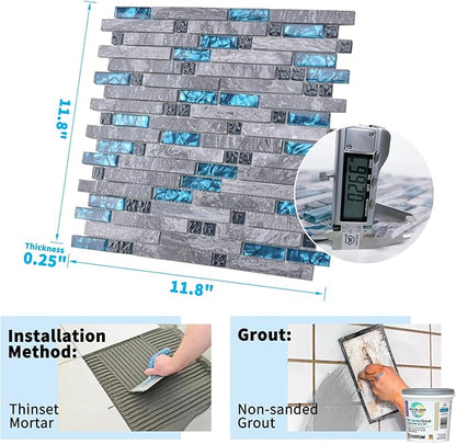 Art3d Grout Decorative Tile, Blue/Gray, Glass, for Kitchen Backsplash or Bathroom Backsplash (5 Pack)