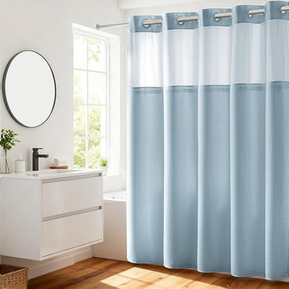 River Dream Heavyweight Waffle No Hook Shower Curtain with Liner,Blue,71x74 | Dotted Waffle,Snap-in Liner,Heavy Duty,Quick Dry,Mesh Top Window,With Bottom Magnets,Hotel-Grade,Washable,Standard Size