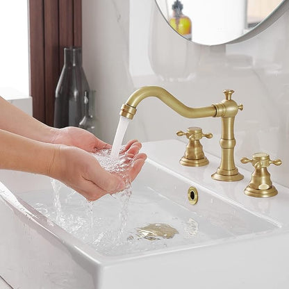 BWE Widespread Bathroom Faucet 3 Hole 2 Handles Cross Knobs Antique Brass | 8 Inch Bathroom Sink Faucet with Pop Up Drain with Overflow & Supply Lines,Basin Mixer Tap,Drip-free Ceramic Cartridge