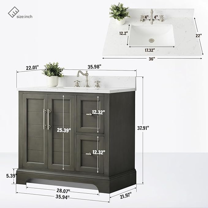 HOMEBEYOND 36 Inch Bathroom Vanity with Single Sink & Ceramic Top, Vanity Cabinet with Center Countertop Basin, Soft-Closing Doors, Backsplash,Sliver Grey