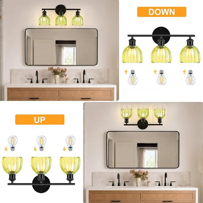 Bathroom Light Fixtures, 3-Light Brushed Black Vanity Lights for Bathroom with Green Tulip Glass Shade, 20" Vintage Bathroom Vanity Lighting Fixtures Over Mirror for Bedroom Living Room Hallway