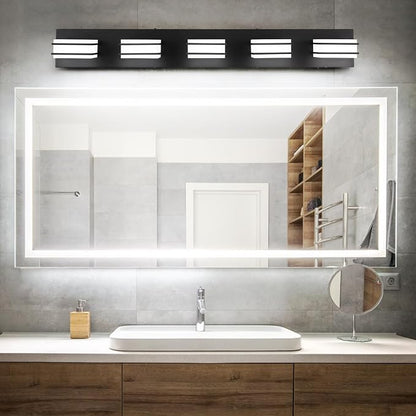 GOODATE 3 Color Temperature Dimmable Vanity Lighting Fixtures, LED Black 5 Light Bathroom Vanity Light Fixtures, Acrylic Stainless Steel Square Shade Vanity Lights for Bathroom, ETL Certificated