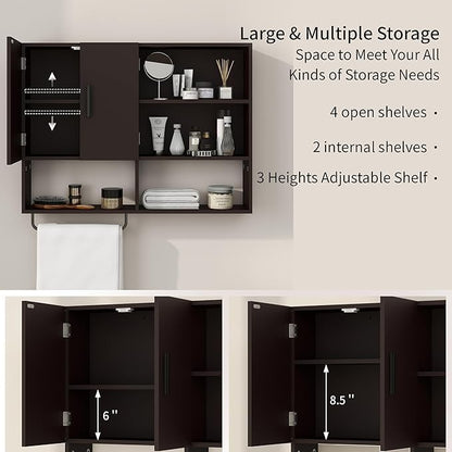 Medicine Cabinet, Wooden Bathroom Wall Cabinet with 2 Doors, Adjustable Shelves & Towel Bar, Over Toilet Storage Cabinet Wall Mounted for Kitchen & Laundry, Espresso