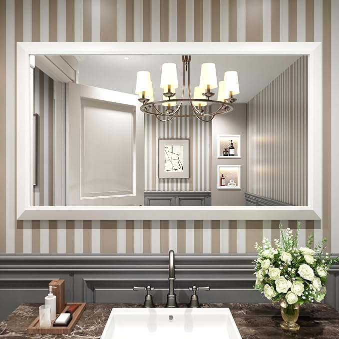 Bathroom Mirror for Wall, 55x32 Inch (White) | HD Reflection, Tempered Glass, Thick Metal Framed Rectangle Mirrors for Over Sink, Vanity, Bedroom, Living Room, Entryway