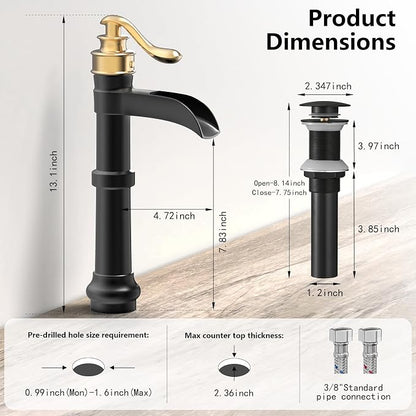 Black and Gold Vessel Sink Faucet Brass Tall Waterfall Bathroom Faucet | Bathroom Sink Faucets Single Handle with Pop Up Drain Without Overflow and Supply Hoses Mixer Tap Deck Mount by BATHLAVISH