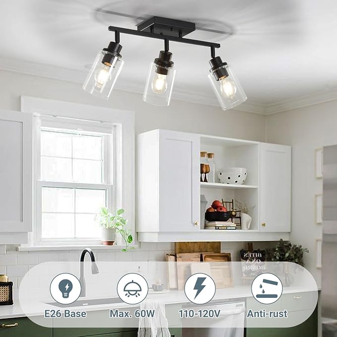 LOUSACE 3 Light Kitchen Track Light Fixtures Ceiling Vanity Lights Black, Bathroom Track Lighting Kit w/Rotatable Heads & Clear Glass Shade, Modern Wall Ceiling Tracking Light for Accent Shop Hallway