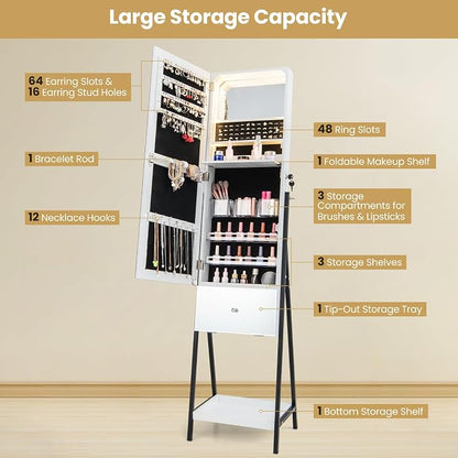 GOFLAME Standing Jewelry Cabinet Armoire, 65" Lockable Jewelry Storage Organizer with Full-Length Mirror, Inner Makeup Mirror with 3-Color LED Lights, Foldable Makeup Shelf, Bottom Shelf, White