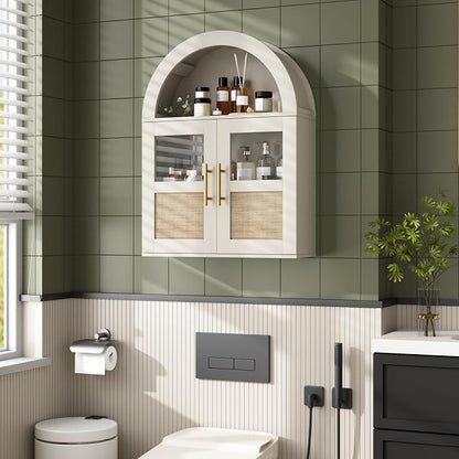 RUSTOWN Arched Bathroom Wall Cabinet with 2 Glass & Rattan Doors | Rattan Medicine Cabinet, Farmhouse Over the Toilet Storage Cabinet, Adjustable Shelves, 3-Tier Wall Mounted Cabinets