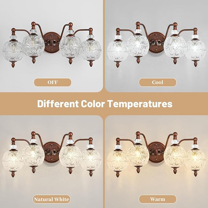 Vintage Bathroom Vanity Light, 4-Light Antique Red Bronze Finish Wall Sconce with Globe Glass Shades, Retro Mirror Light for Bathroom, Powder Room