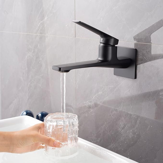 Modern Wall Mount Bathroom Faucet – Matte Black,Solid Brass Single Handle with Flip Aerator (2 Flow Modes), Rough-in Valve for Concealed Installation