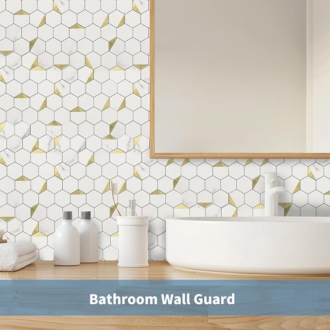 20-Sheet Heavy-Duty Hexagon Peel and Stick Backsplash, Thick Waterproof &Heat Resistant Stick on Wall Tiles, Marble White Mosaic for Kitchen & Bathroom, Strong Adhesive Permanent PVC Tiles