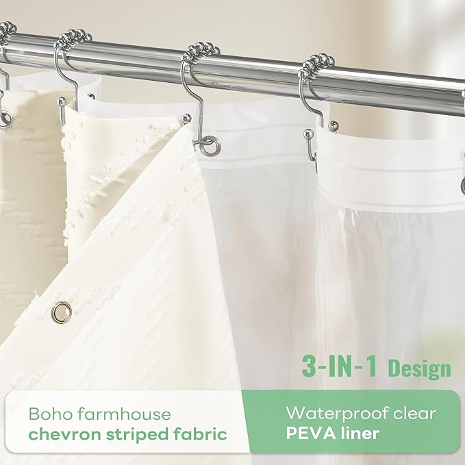 Dynamene Extra Long Shower Curtain and Liner Set - 96 inch Tall Boho Shower Curtain and Waterproof Clear Liner, Tufted Chevron Striped Tassel Shower Curtains for Bathroom, 12 Hooks, 72x96, Cream