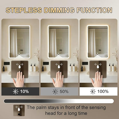 WARM&LOVE 16 x 24 Inch LED Bathroom Mirror, Hand Scan Sensor Anti-Fog Bathroom Mirror with Lights, Stepless Dimming, 3 Color Lighting, Lighted Bathroom Mirrors for Wall, Vertically Only