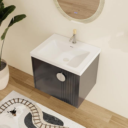 Malwee 24" Floating Bathroom Vanity with Sink, 24 Inch Single Sink Wall Mounted Bathroom Vanity, with 2 Doors and White Ceramic Basin Top, Black Cabinet Set with 3 Color Handles (081-24)