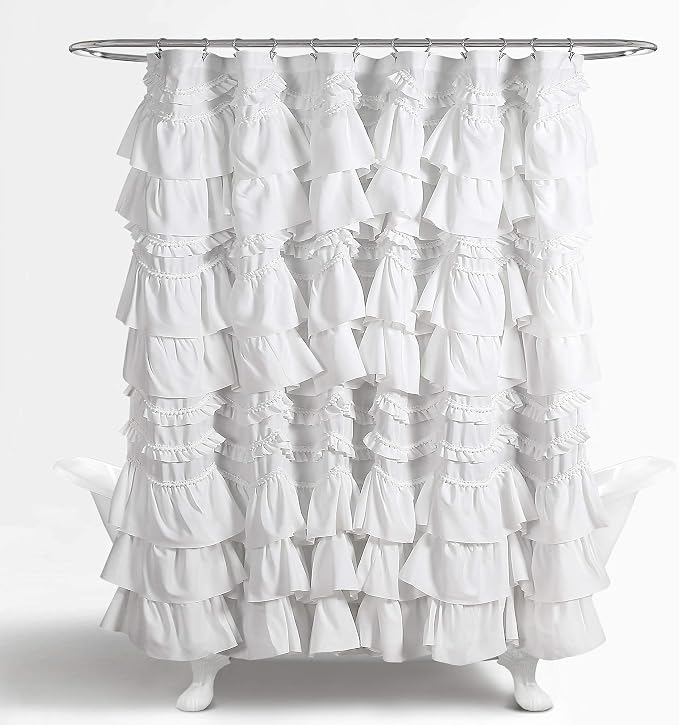 Lush Decor Kemmy Ruffled Shower Curtain, Single, 72" W x 72" L, White - Bathroom Curtain - Fabric Shower Curtains for Bathroom - Coquette Decor