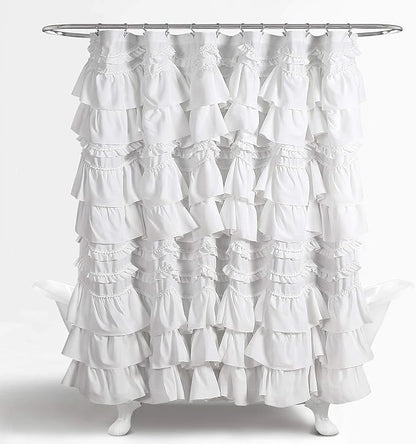Lush Decor Kemmy Ruffled Shower Curtain, Single, 72" W x 72" L, White - Bathroom Curtain - Fabric Shower Curtains for Bathroom - Coquette Decor