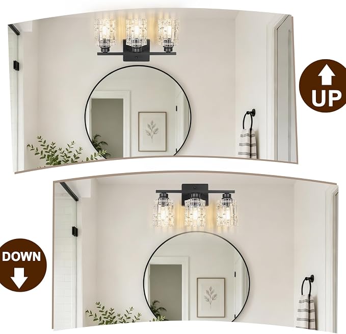 Refice 3-Light Bathroom Vanity Lights Crystal Glass, Black | Bathroom Light Fixtures Vanity Lighting Over Mirror for Living Room Farmhouse, Hallway