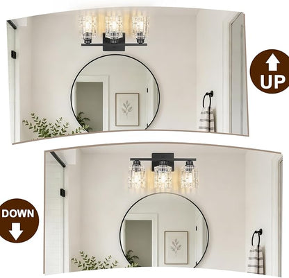 Refice 3-Light Bathroom Vanity Lights Crystal Glass, Black | Bathroom Light Fixtures Vanity Lighting Over Mirror for Living Room Farmhouse, Hallway