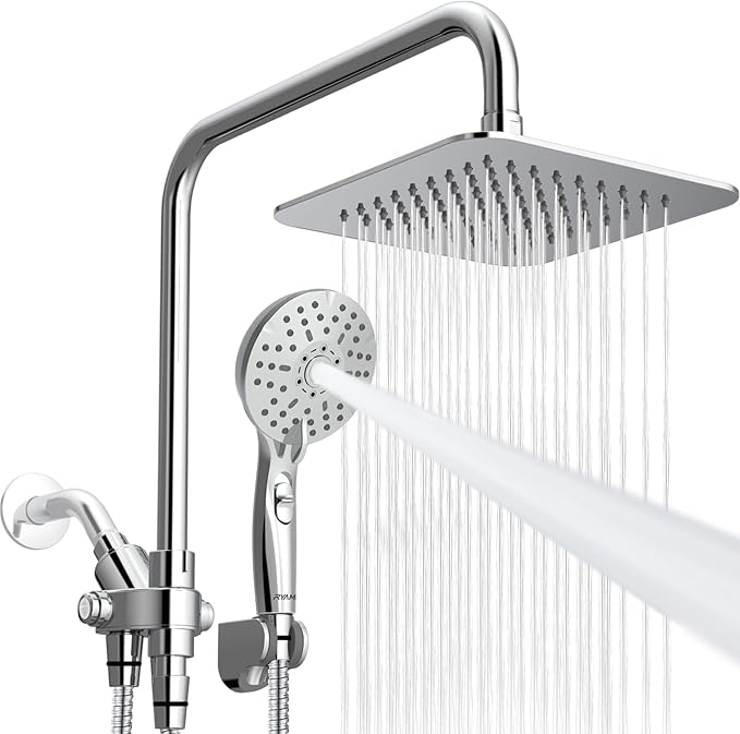 Dual Shower Head Combo, 8'' High Pressure Rain Shower Head with Handheld Spray, 6+1 Spray Settings Handheld Showerhead, Height Adjustable, One-touch Pause Button, Chrome Polished