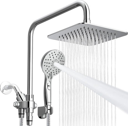 Dual Shower Head Combo, 8'' High Pressure Rain Shower Head with Handheld Spray, 6+1 Spray Settings Handheld Showerhead, Height Adjustable, One-touch Pause Button, Chrome Polished