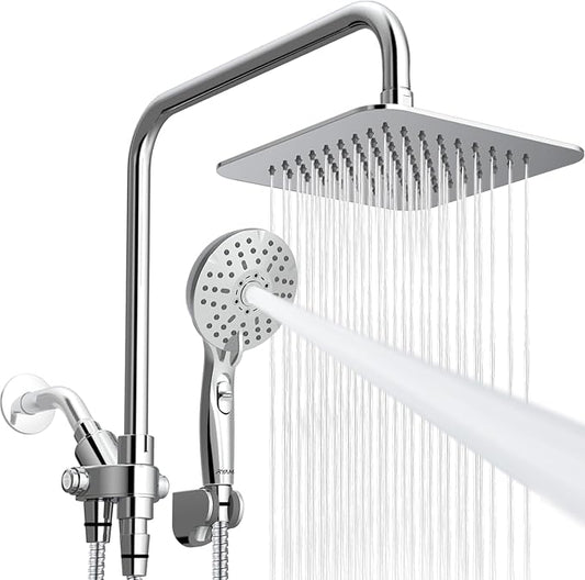 Dual Shower Head Combo, 8'' High Pressure Rain Shower Head with Handheld Spray, 6+1 Spray Settings Handheld Showerhead, Height Adjustable, One-touch Pause Button, Chrome Polished