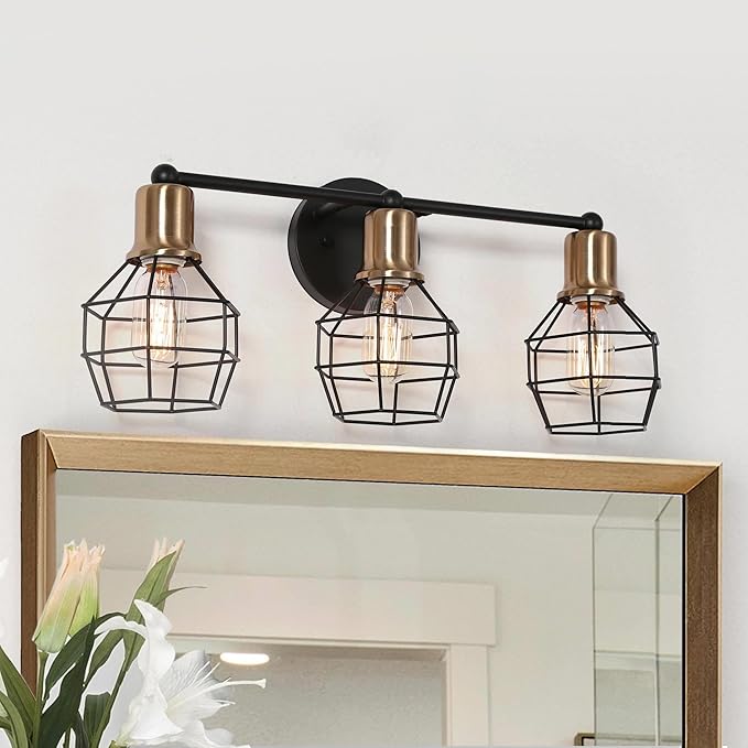 LALUZ Modern Farmhouse Mid-Century 3-Light Black and Gold Bathroom Vanity Light with Industrial Metal Cage