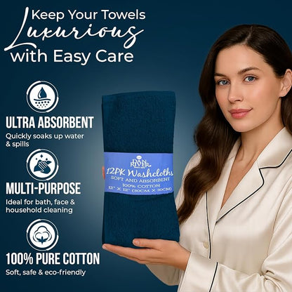 DAN RIVER 12 Pack Cotton Wash Cloths Set for Showering [12x12] Opal Blue | Lighter Weight, Quick to Dry, Super Soft & Absorbent Face Towels, Hotel Quality, Perfect for Bathroom, Gym, Spa
