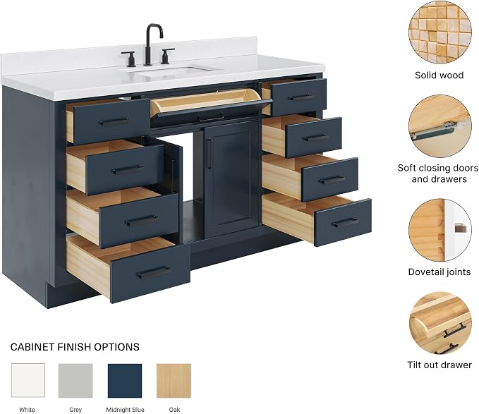 ARIEL Hepburn 60-inch Bathroom Vanity with Sink,Solid Wood, 1.5-inch Carrara White Quartz Countertop, Single Rectangular Porcelain Sink, 2 Soft Closing Doors, 9 Dovetail Drawers, Midnight Blue