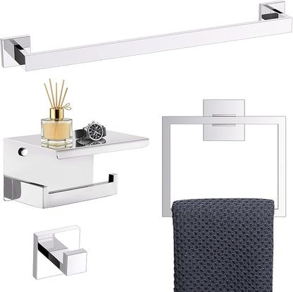 TURS Bathroom Hardware Set Chrome 4-Piece Towel Bar Set Include 24 Inch Towel Bar Towel Ring Towel Hook Toilet Paper Holder with Shelf Wall Mounted.