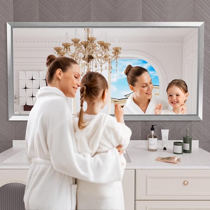 Bathroom Mirror for Wall, 72x36 Inch (Brushed Silver) | HD Reflection, Tempered Glass, Thick Metal Framed Rectangle Mirrors for Over Sink, Bedroom, Living Room, Entryway, Anti-Rust