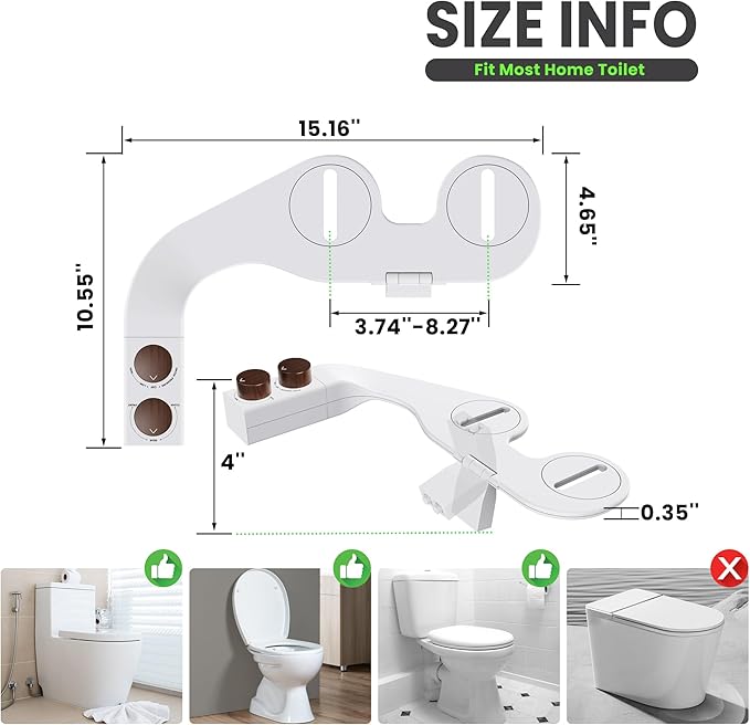 Toilet Bidet With Left/Right Side Reversible Design, Fresh Water, Non-Electric, Toilet Bidet Attachment, Right/Left Hand Side with Dual Nozzle, Self-Clean, Easy to Install (Brown Knob)