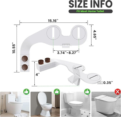 Toilet Bidet With Left/Right Side Reversible Design, Fresh Water, Non-Electric, Toilet Bidet Attachment, Right/Left Hand Side with Dual Nozzle, Self-Clean, Easy to Install (Brown Knob)