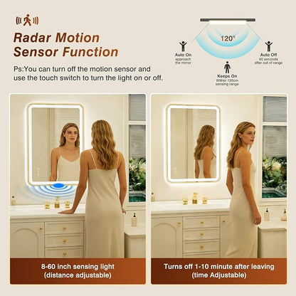 32x40 Inch Gold Framed LED Bathroom Mirror with Lights,Smart Bathroom Mirror,Motion Sensor,Tempered Glass,Anti-Fog,Stepless Dimmable & 3 Colors,Memory,Vanity Mirror for Wall