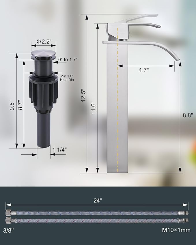 Vessel Sink Faucet Brushed Nickel: ARCORA Single Hole Tall Bathroom Faucet, Single Handle Tall Waterfall Bathroom Faucet with Pop Up Drain and cUPC Supply Lines