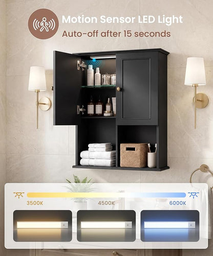 HAIOOU 23.6 inch Bathroom Wall Cabinet with Motion Sensor Light - Black | Wall Mount Medicine Cabinet with Recessed Panel Doors, Adjustable Glass Shelf, Soft Close Hinges for Over the Toilet Storage