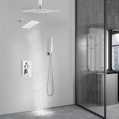 Aolemi Shower Faucet Set Ceiling Mount Shower System Rough-in Valve and Shower Trim Kit 2 in 1 Handheld Spray Push Button Diverter 10 and 6 Inch Dual Shower Head Polish Chrome