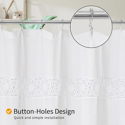 Small Stall Linen Lace Shower Curtain Liner Set 36x72 | Narrow Half Farmhouse Shower Curtain with Macrame Decor, Cotton Bohemian French Country Bath Curtain , White