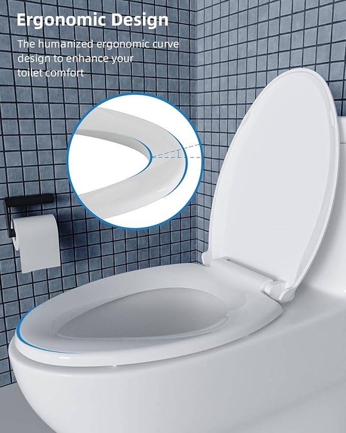 Hibbent Elongated Toilet Seat with Oval Cover, Soft Close Toilet Seat, Easy to Install,Never Loosen Hinge to Prevent Shifting, Non-slip Seat Bumpers and Easily Cleaning(White)