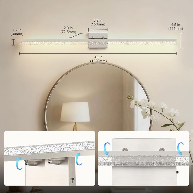 L LOHAS LED 48inch Vanity Light Bar Over Mirror Nickel Bubbled Acrylic 3CCT | Modern Bathroom Light Fixture With Bubbled Acrylic Shade, Adjustable LED Vanity Lighting for Mirror and Living Room Wall