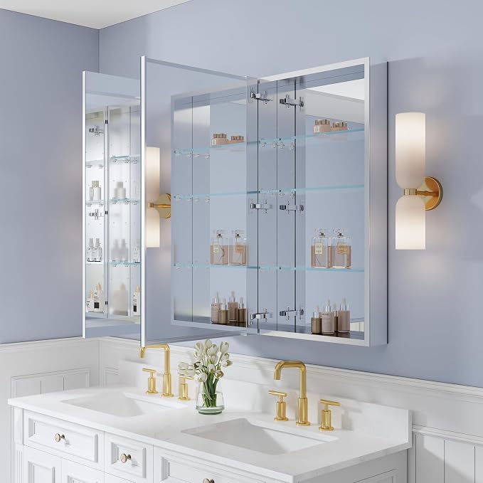 52" x 36" Bathroom Medicine Cabinet with Mirror, Anodized Chrome Aluminum Frame, Surface Mount or Recessed Medicine Cabinet with Mirror, Bathroom Mirror with Storage, Three Doors