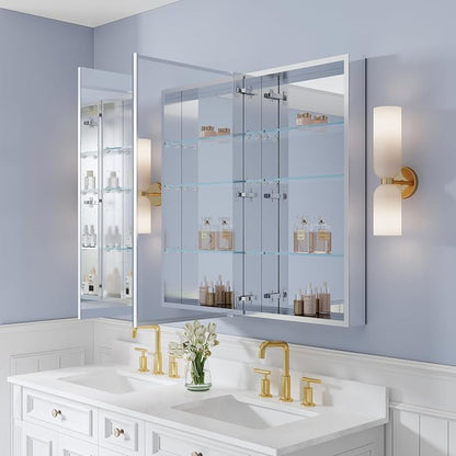 52" x 36" Bathroom Medicine Cabinet with Mirror, Anodized Chrome Aluminum Frame, Surface Mount or Recessed Medicine Cabinet with Mirror, Bathroom Mirror with Storage, Three Doors