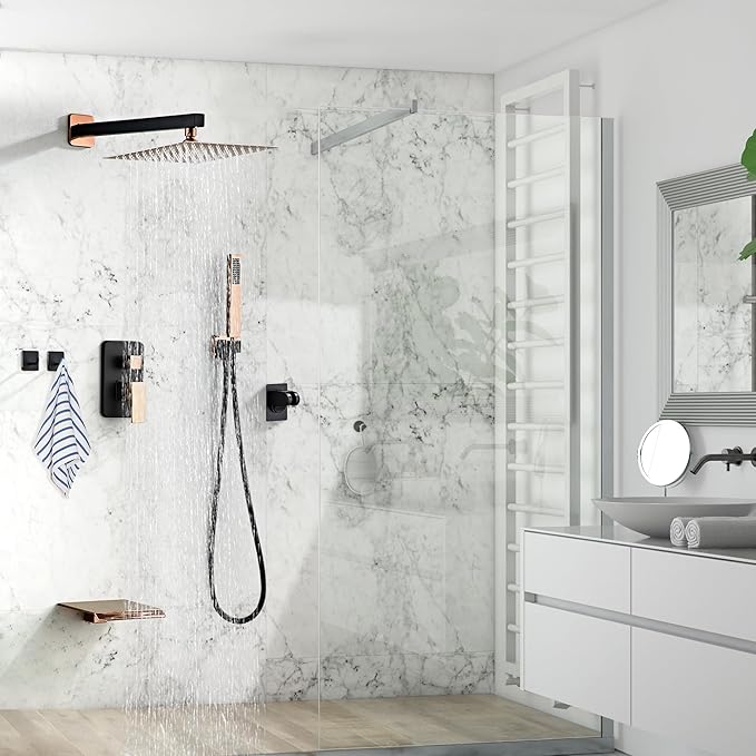 Rainfall Shower Faucet Set with Tub Spout 8 Inch, Shower Head and Handle with 2 Hooks, Rain Shower and Handheld Shower System Square Wall Mount for Bathroom
