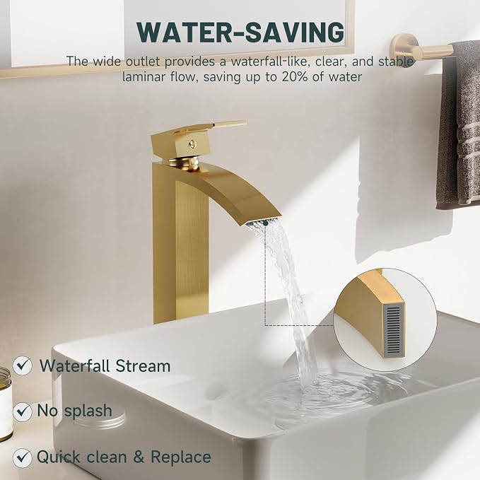 Brushed Gold Vessel Sink Faucet, Waterfall Bathroom Faucets | Brass, Tall Spout, Single Handle 1 Hole Bathroom Faucet, Modern Basin Taps with Supply Line, Pop Up Drain, Without Overflow